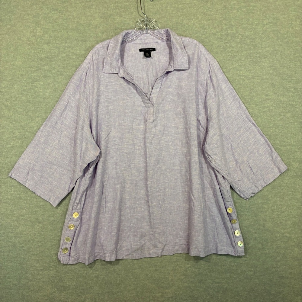 Tahari Womens 3X Lavender Linen Blend Side Button Tunic Blouse Purple 3/4 Sleeve